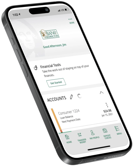 Mobile phone with Bank of Washington homepage