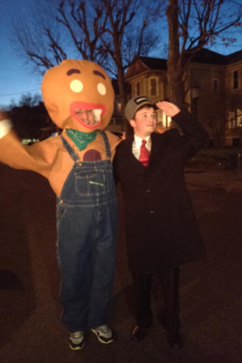 Bank of Washington employees dressed as Gingerbread Man and Polar Express Conductor