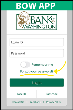 screenshot of the digital banking login page showing where to click if you forgot your password