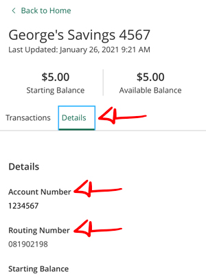 screenshot of account details in digital banking showing where to find routing number and account number