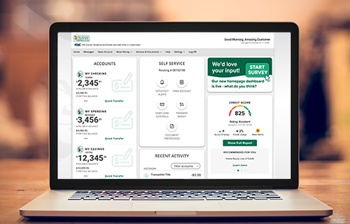 Computer displaying updated Bank of Washington digital banking homepage