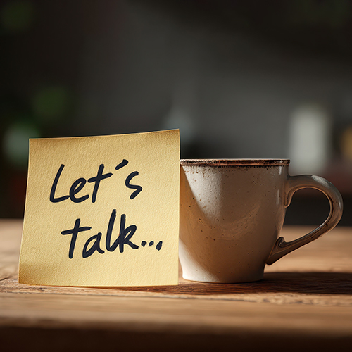 coffee mug with "Let's talk"