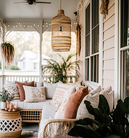 Boho style front porch with fairy lights