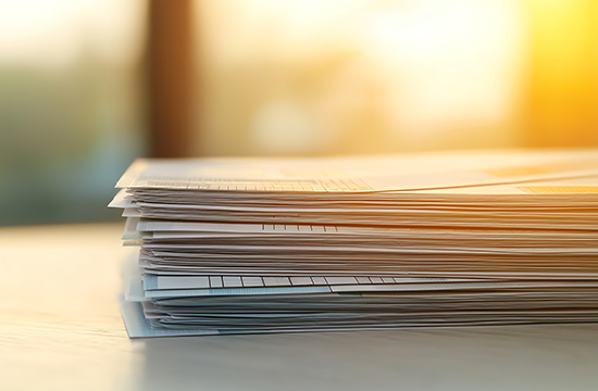 stack of white paper with bright sun in the background