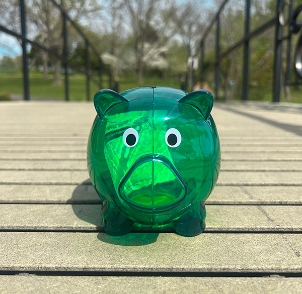 green piggy bank on a bridge walkway in a park