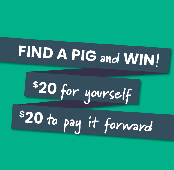 Find a pig and win! $20 for yourself, $20 to pay it forward