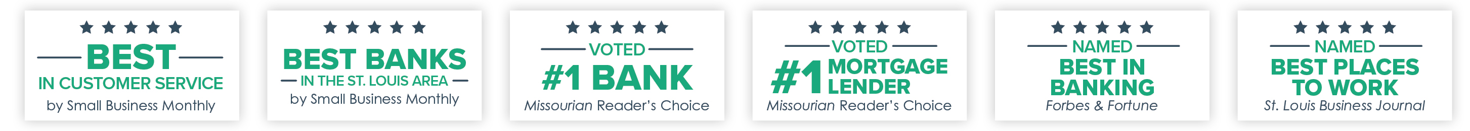 Best of Banner Ad showcasing best in customer service by Small Business Monthly, best banks in the St. Louis area by Small Business Monthly, voted #1 Bank Missourian Reader's Choice, voted #1 mortgage lender Missourian Reader's Choice, named best in banking by Forbes & Fortune, and named bast places to work by St. Louis Business Journal