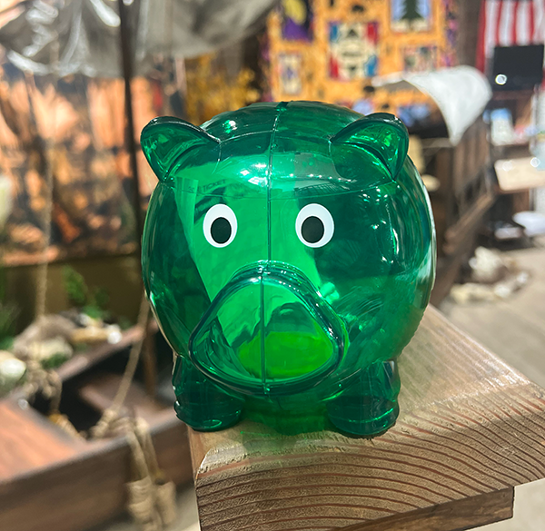 green piggy bank in a downtown shop