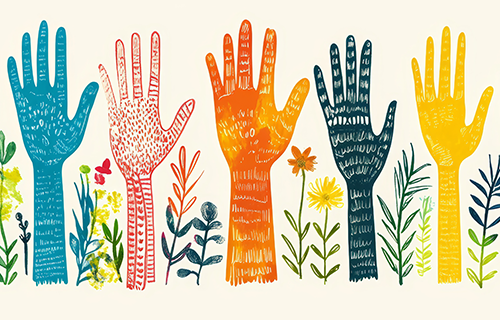 five multi-colored hand drawn hands raised with colorful hand drawn flowers in between them