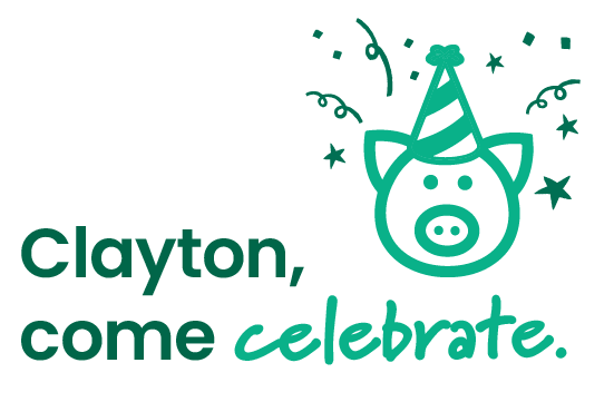Bank of Washington's light green pig logo with a green stripped party hat, confetti, and stars. "Clayton Come Celebrate" written in green lettering on white background 
