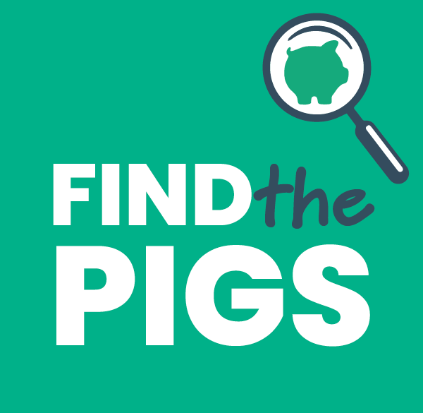 find the pigs with an image of a magnifying glass and a outline of a pig