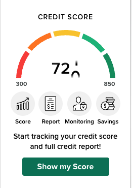 Credit Score graphic with colorful rainbow and icons stating score, report, monitoring, savings and a button that says show my score