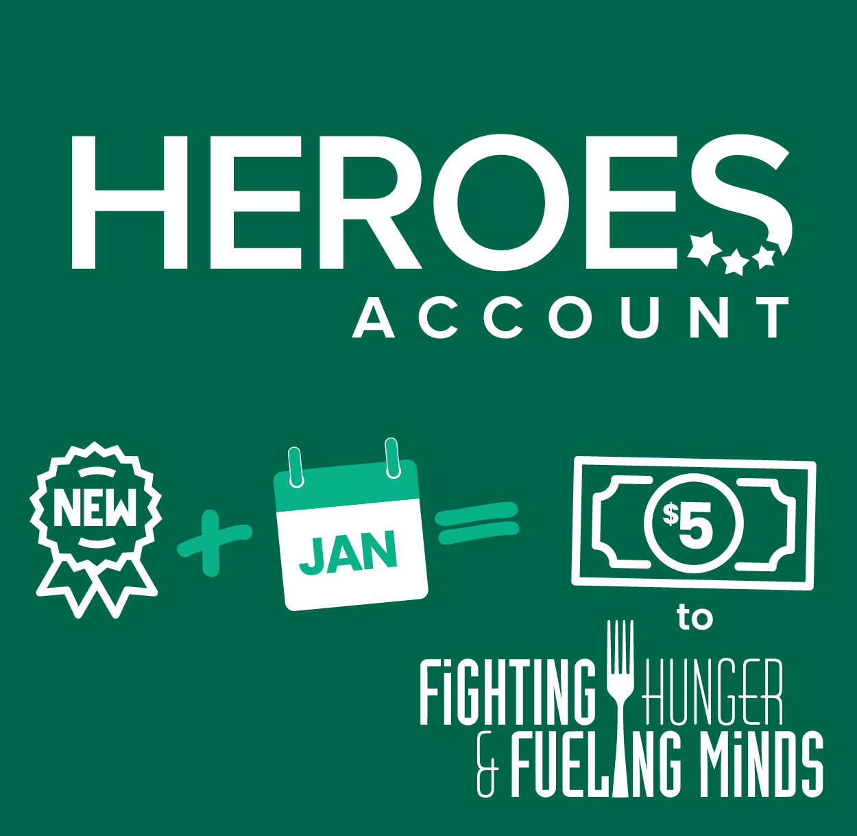 Heroes Account, Every account opened in January $5 is donated to Fighting Hunger and Fueling Minds
