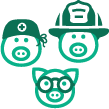 green pig icons dressed as a nurse, a firefighter, and an educator